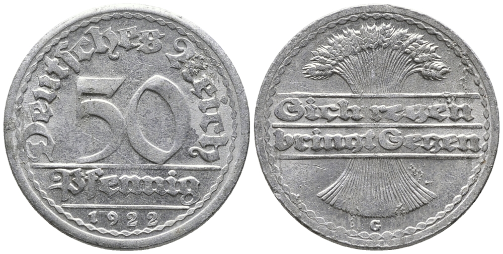 ГЕРМАНИЯ 50 ПФЕННИГОВ 1922 G KM 27, J. 301 алюминий 24-1047