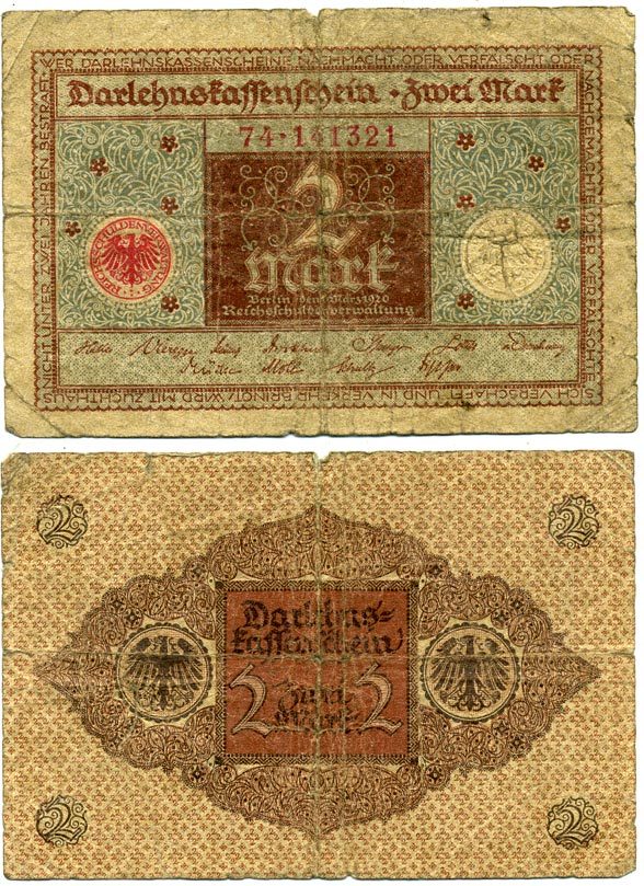 ГЕРМАНИЯ 2 МАРКИ 1920 1 МАРТА 1920, ВЕЙМАРСКАЯ РЕСПУБЛИКА, КОРИЧНЕВАЯ, СЕРИЯ 74 Pick 60, Rosenberg 65a бумага 3295-85-3-1