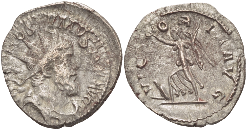 Римская Империя (императоры в Галлии) антониниан 260 - 269 Постум. IMP C POSTVMVS P F AVG / VICTORIA AVG, Виктория с венком и пальмовой ветвью, у ног пленник, Колония Агриппины, Good Very fine RIC 89 биллон 1073-13-75