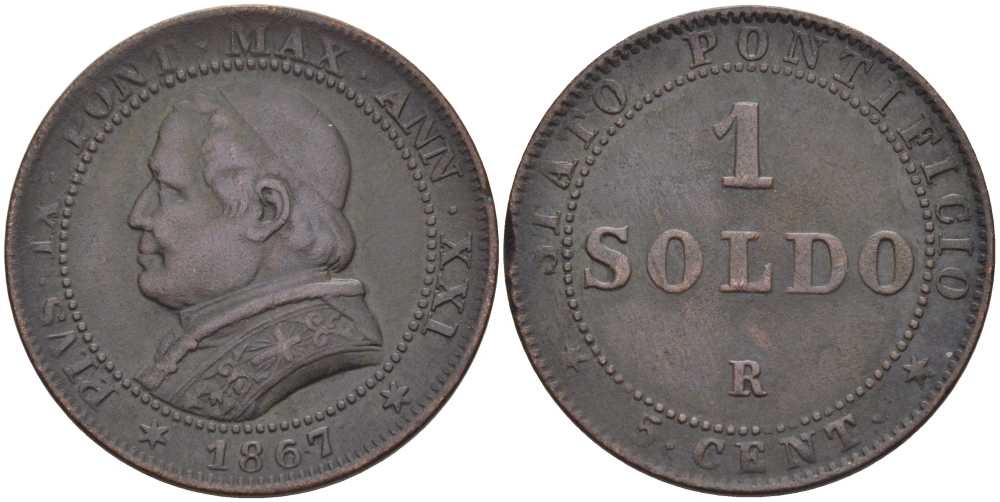 ВАТИКАН 1 СОЛЬДО = 5 ЧЕНТЕЗИМО 1867 R, ГОД XXI, ПАПА ПИЙ IX (1846-1878), БОЛЬШАЯ ГОЛОВА, МАЛЫЕ ЦИФРЫ ДАТЫ KM 1372.1 (С182а) медь 1521-1331