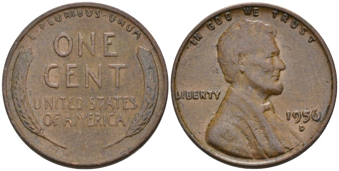 США 1 цент 1956 D, Линкольн KM А132 медь цинк 4564-259