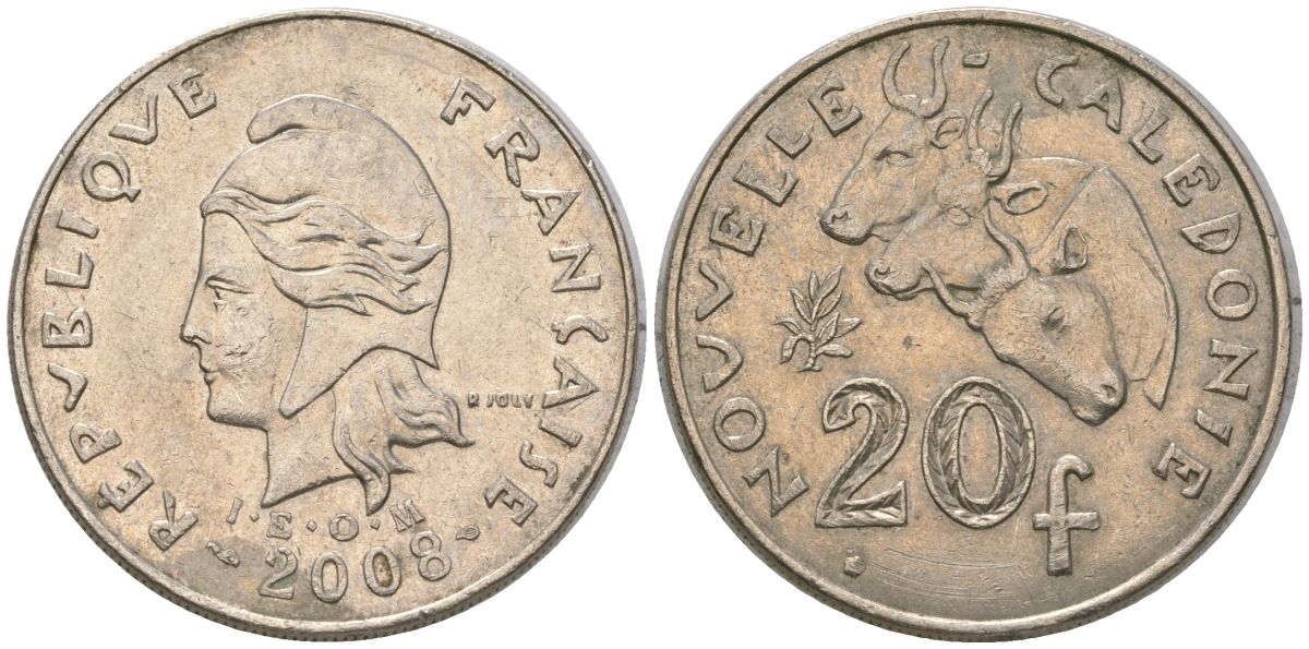 Французская Новая Каледония 20 франков 2008 три быка, (IEOM) KM 12a, Schoen 14a медно-никель 4131-942