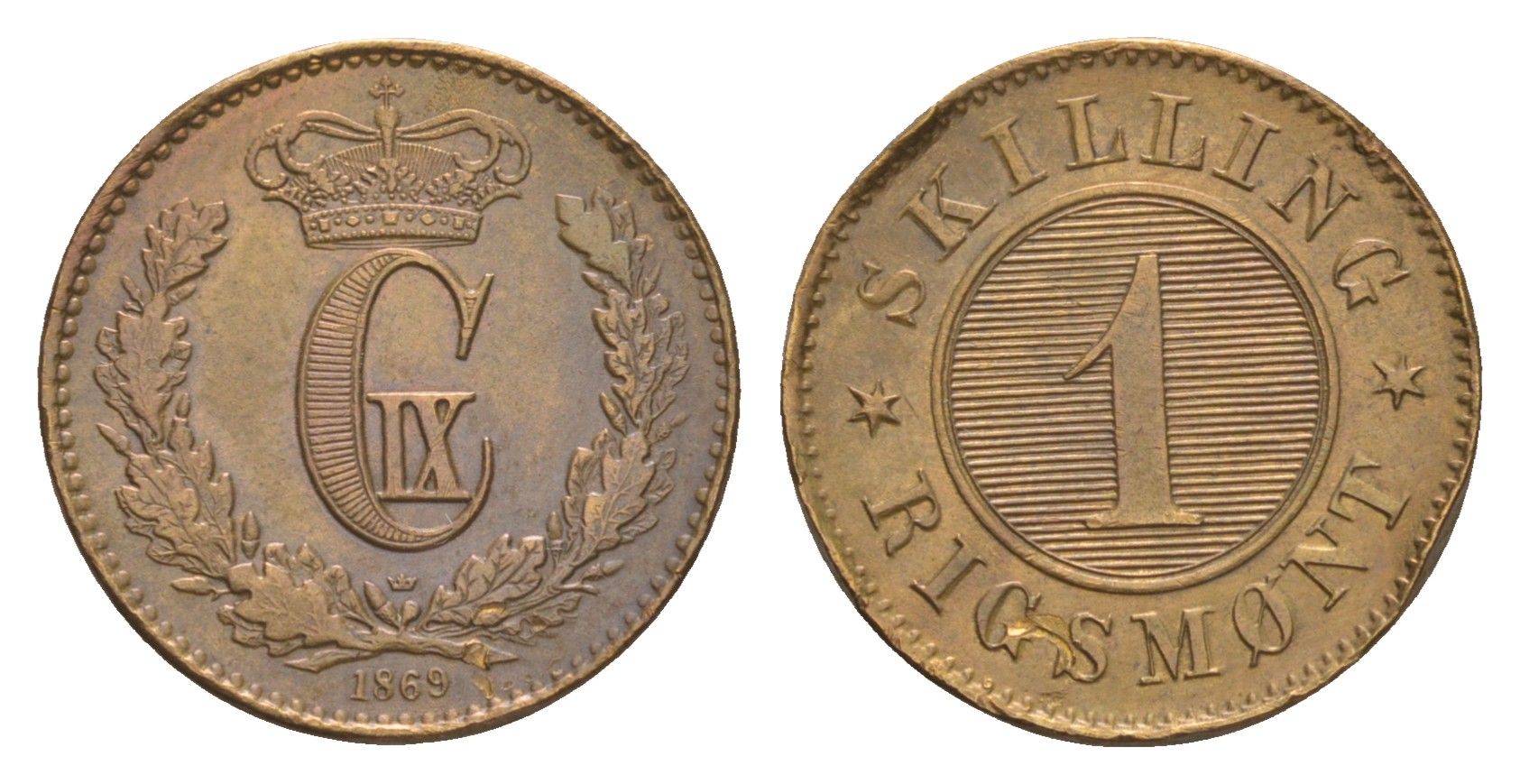 Дания 1 скиллинг-ригсмёнт 1869 Кристиан IX (1863-1906) KM 774 бронза aUNC 1519-313