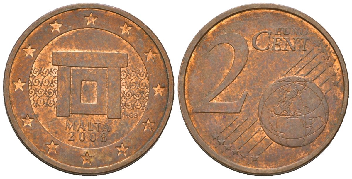 Мальта 2 евроцента 2008 F KM 126 сталь плакированная медью 4548-144