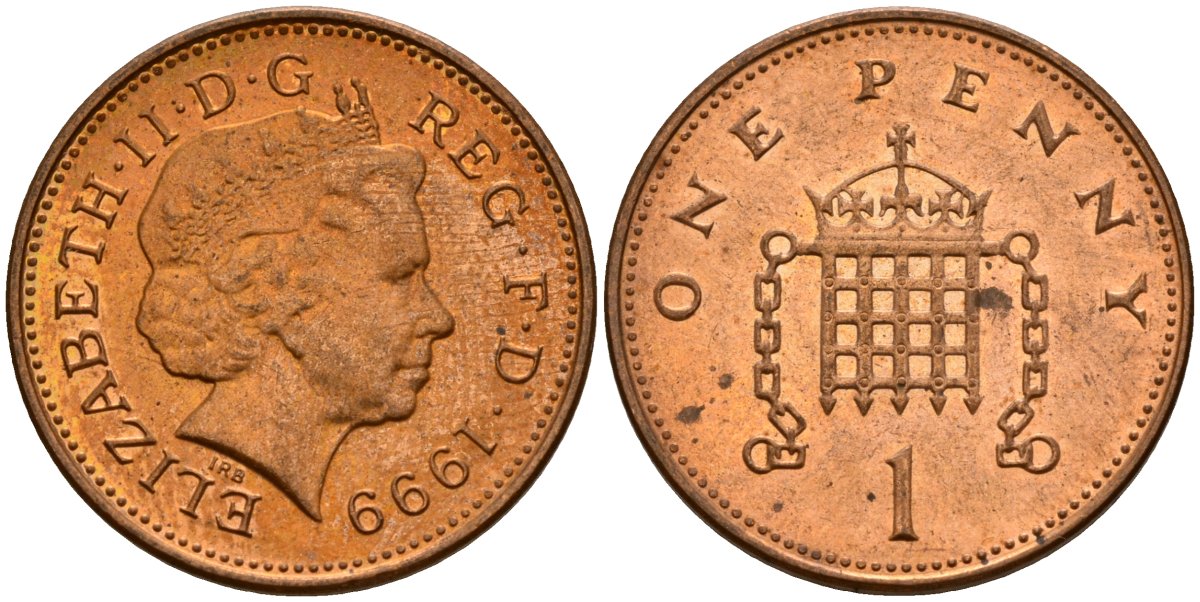 Великобритания 1 пенни 1999 Елизавета II (1952-2022) KM 986, Spink 4710 (B5) сталь плакированная медью 4154-1016