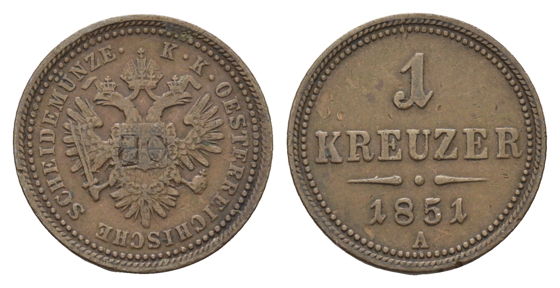 Австрия 1 крейцер 1851 A, Франц Иосиф I (1848-1916) KM 2185 медь    4577-441