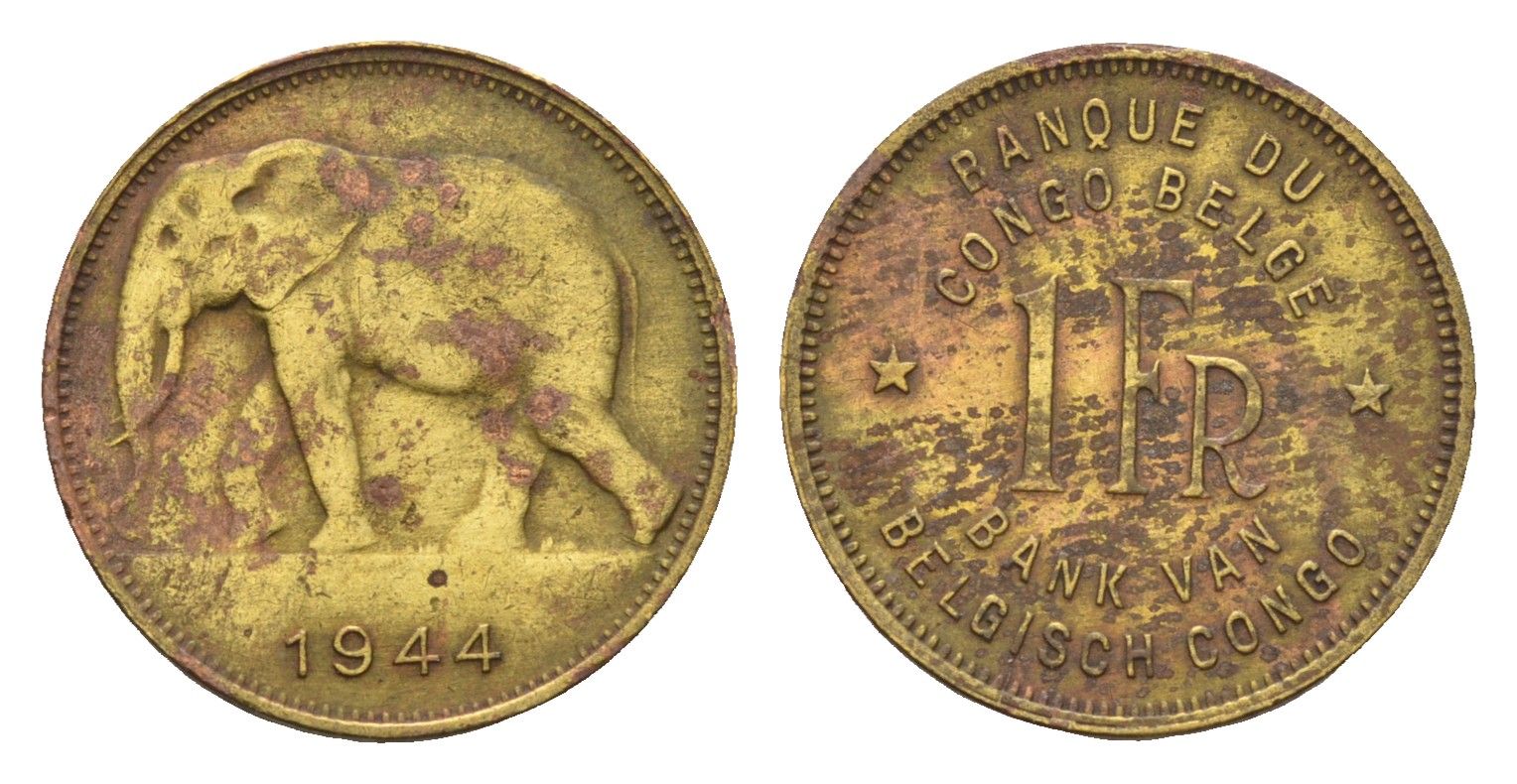 Бельгийское Конго 1 франк 1944 слон, Леопольд III KM 26 латунь 4669-415