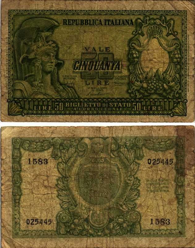 Италия 50 лир 1951 Афина Pick 91a бумага 7548-120-3-2