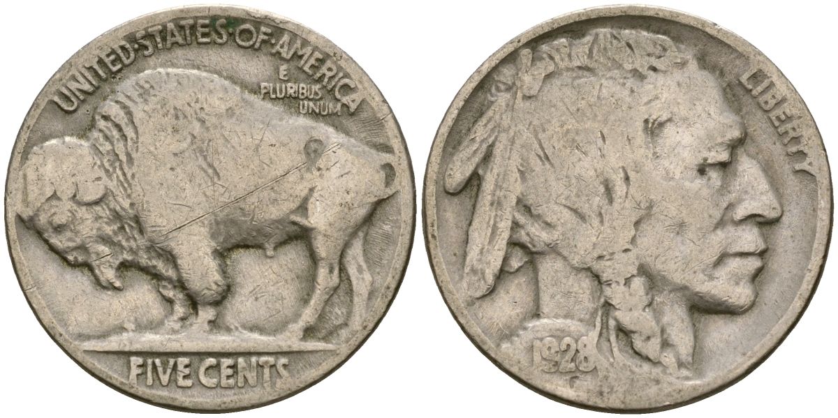 США 5 центов 1928 индеец, бизон KM 134 медно-никель 4519-1115