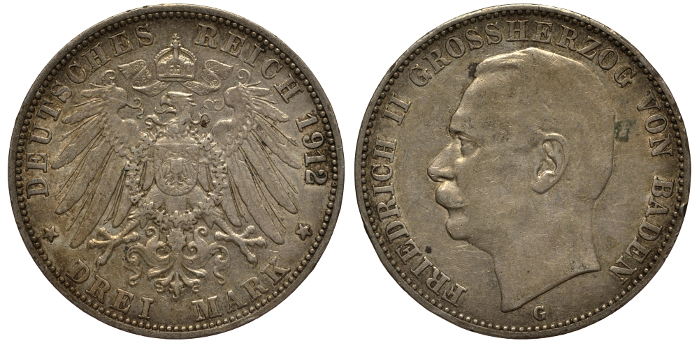 Баден 3 марки 1912 Фридрих II (1907-1918) J. 39, KM 280 серебро    3711-1715