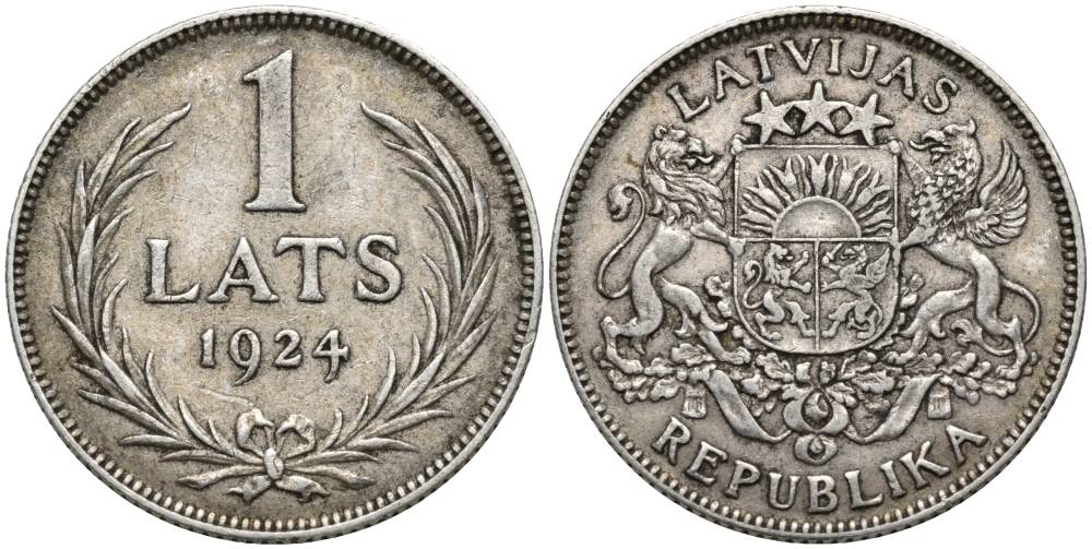 Латвия 1 лат 1924 Первая республика (1918-1939) KM 7 серебро 27-1224