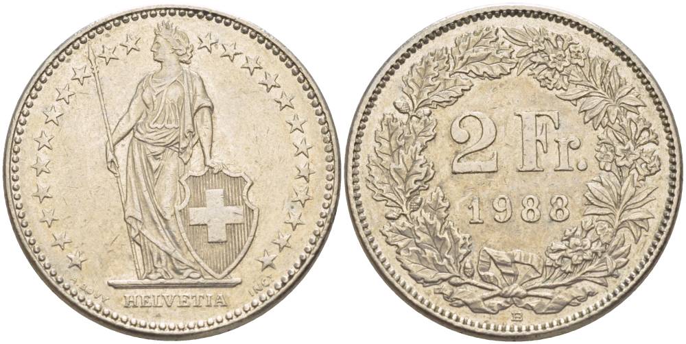 Швейцария 2 франка 1988 В KM 21а.3 медно-никель 4542-533
