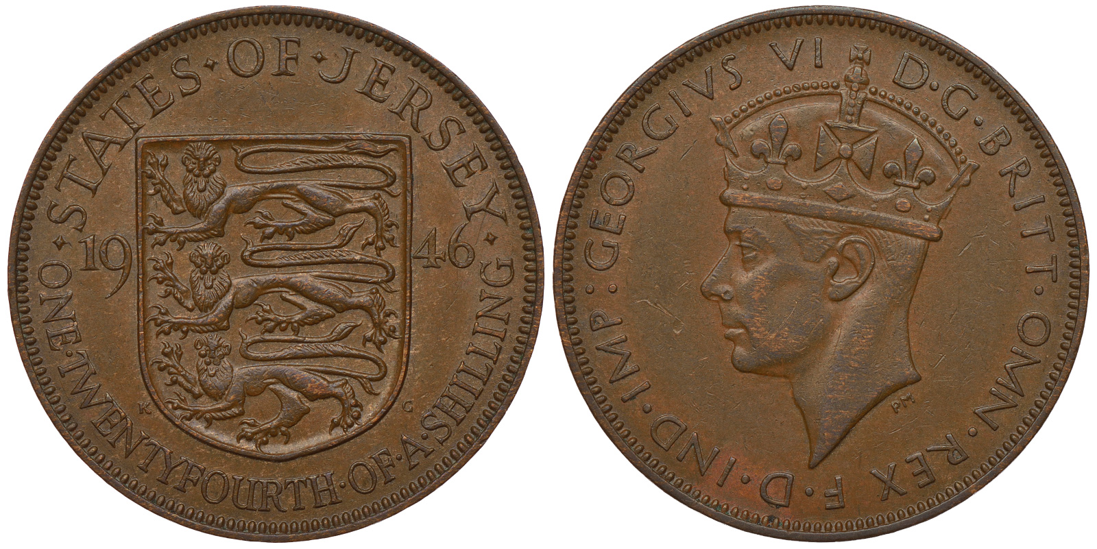 Джерси 1/24 шиллинга 1946 Георг VI (1936-1952) KM 17 бронза 4393-1156