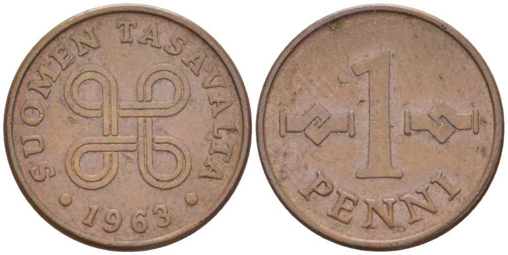 Финляндия 1 пенни 1963 первый год KM 44 медь 214-563
