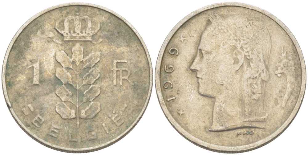 БЕЛЬГИЯ 1 ФРАНК 1969 BELGIE KM 143.1 медно-никель 175-254