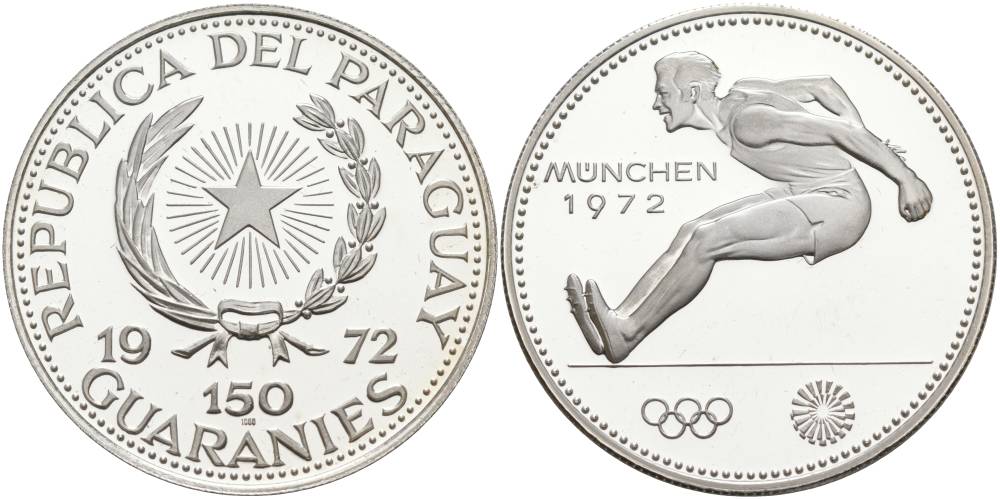 ПАРАГВАЙ 150 ГУАРАНИ 1972 ОЛИМПИЙСКИЕ ИГРЫ В МЮНХЕНЕ 1972 ГОДА, ПРЫЖКИ В ДЛИНУ, ТИРАЖ 10000 ЭКЗ. KM 33 серебро PROOF 01-172-35