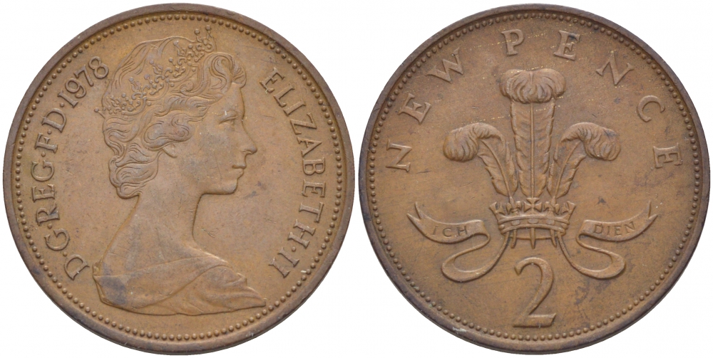Великобритания 2 пенса 1978 Елизавета II (1952-2022) KM 916, Spink 4235 (C1) бронза 77-143