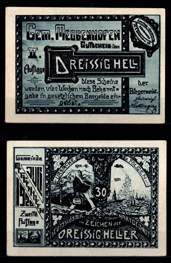 Австрия, Меггенхофен 30 геллеров 1921 Jaksc/Pick 0603-IId-30 бумага UNC (пресс) 2193-22-3-1