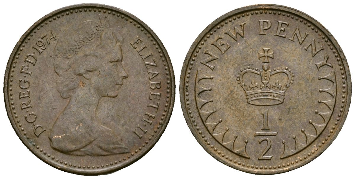 Великобритания 1/2 пенни 1974 Елизавета II (1952-2022) KM 914, Spink 4239 бронза 4173-814
