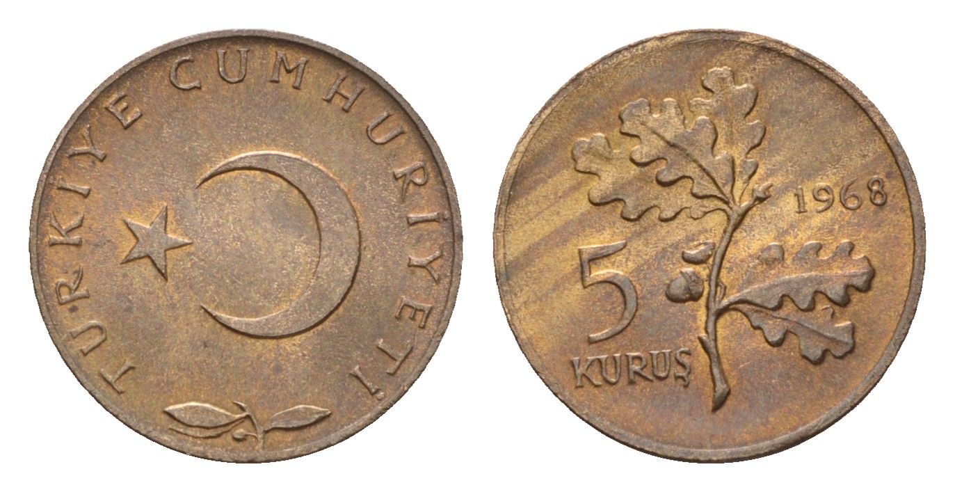 Турция 5 курушей 1968 KM 890.1 бронза UNC 4674-919