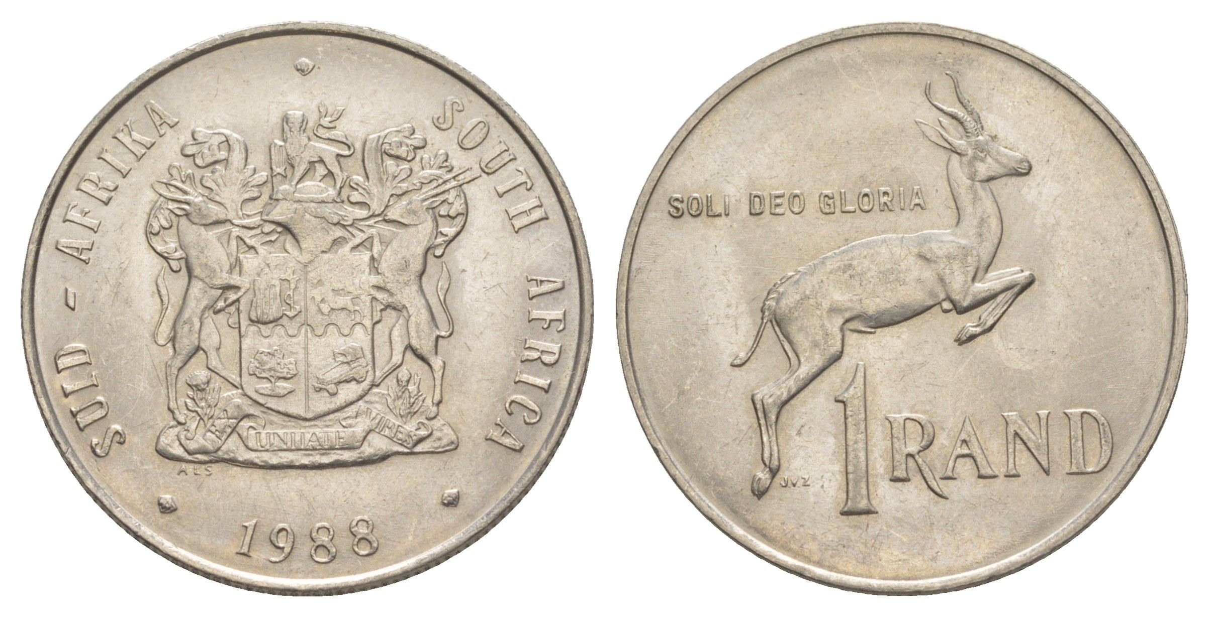 ЮАР 1 ранд 1988 антилопа спрингбок, герб KM 88a никель UNC 4645-931