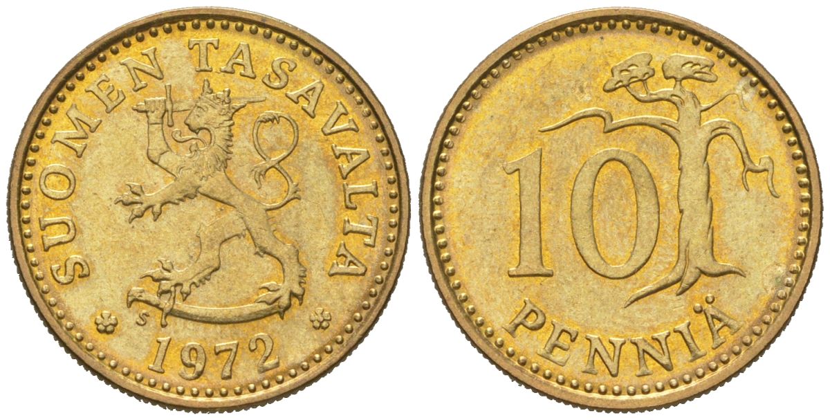 Финляндия 10 пенни 1972 S KM 46 алюминиевая бронза aUNC 218-1053