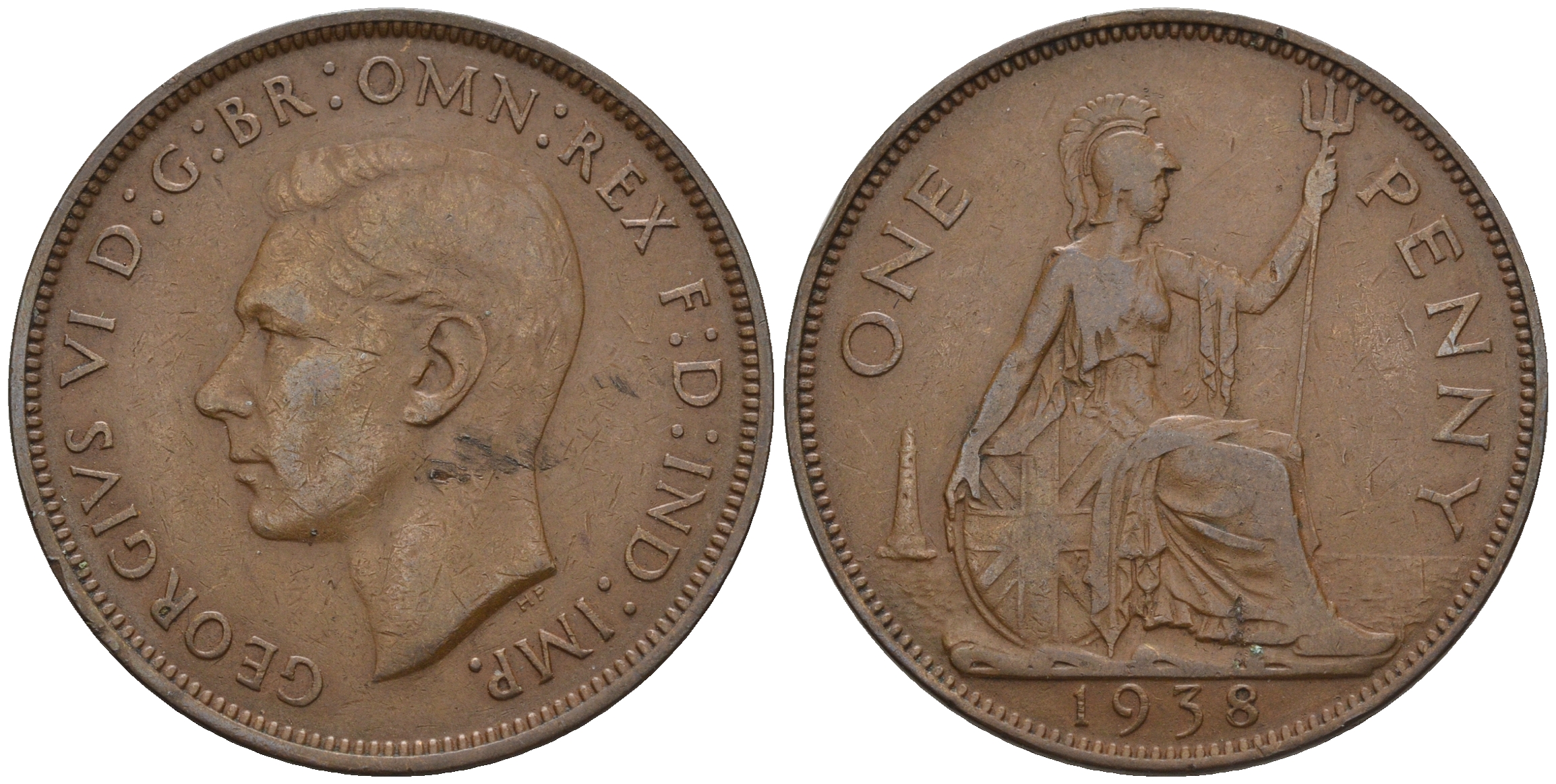 Великобритания 1 пенни 1938 Георг VI (1936-1952) KM 845, Spink 4114 бронза 4607-1225