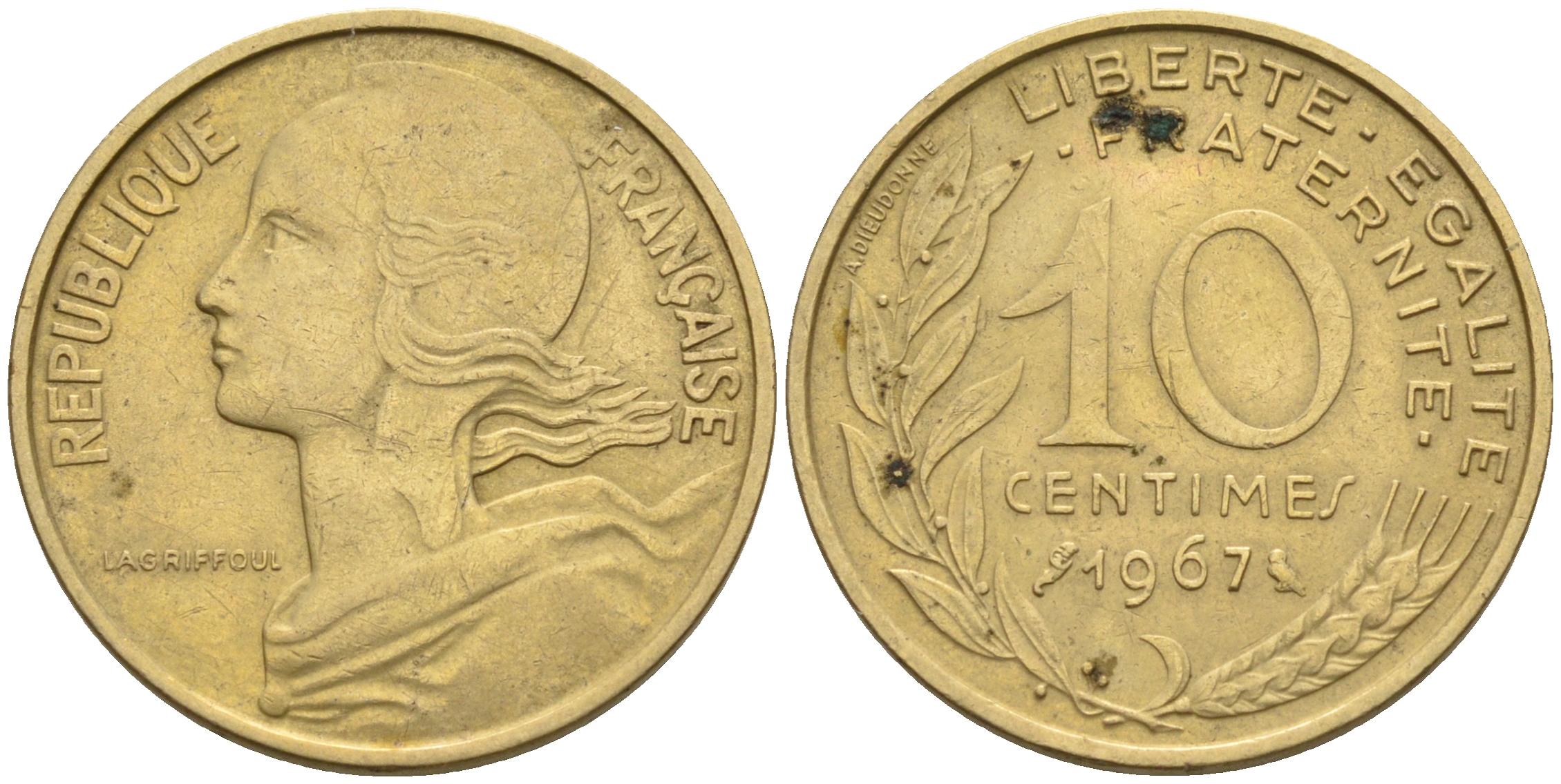 Франция 10 сантимов 1967 тип Марианна KM 929 медь алюминий никель 4594-1155