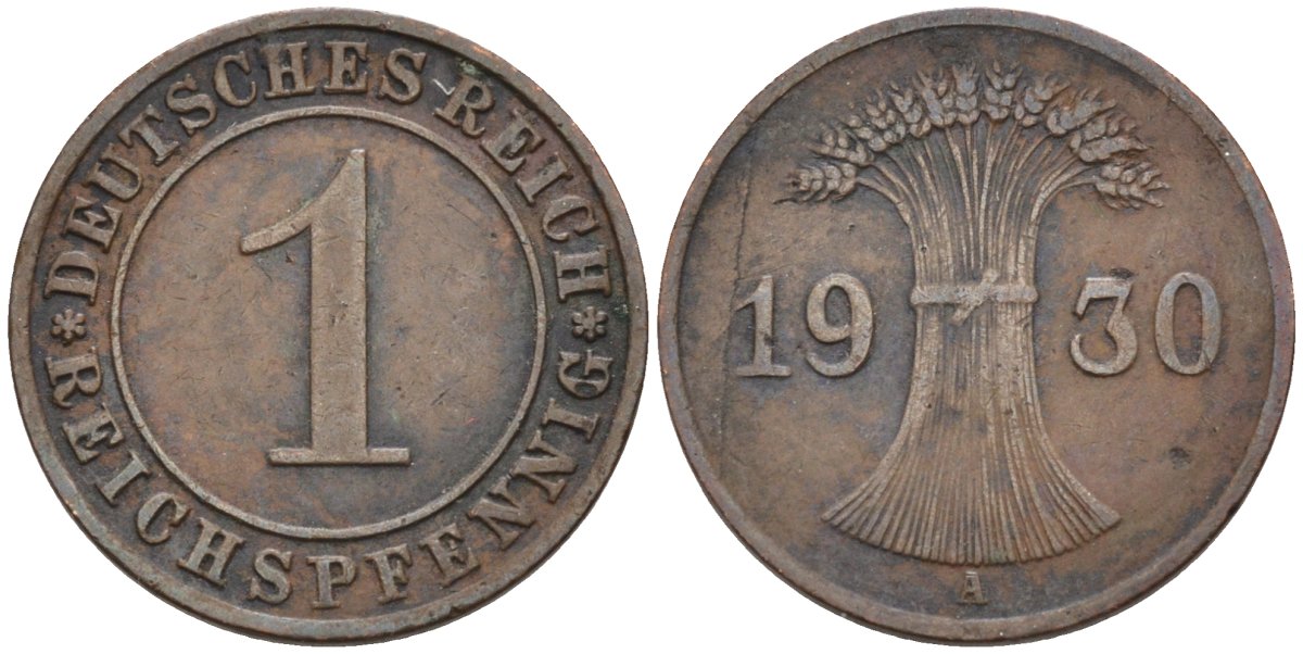 Германия 1 рейхспфенниг 1930 F, Веймарская республика KM 37 бронза 4387-766