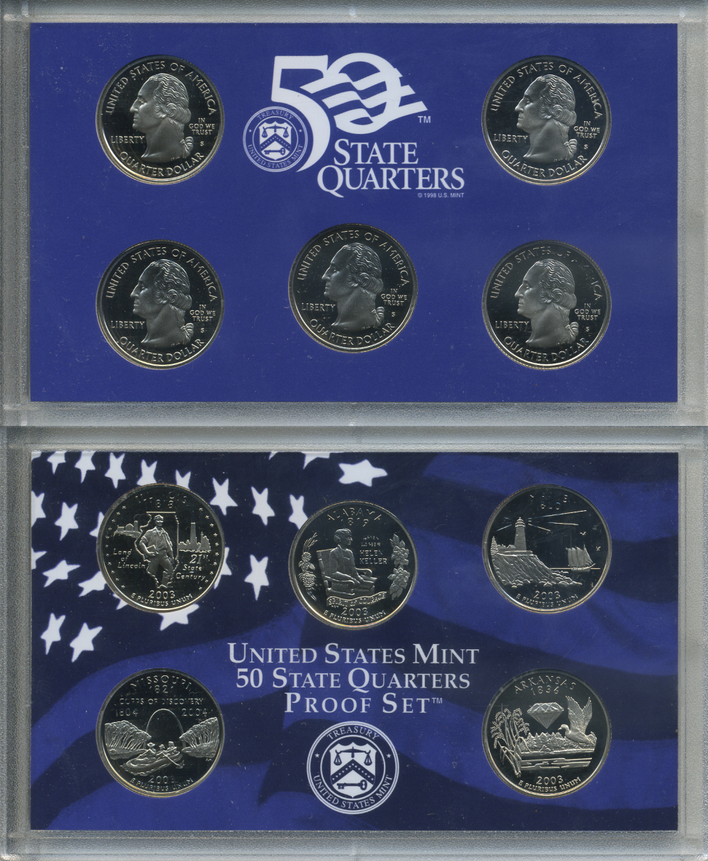 США официальный набор из 5 монет 2003 S, набор из 5 квотеров, штаты США, пластик, в оригинальной коробке с сертификатом PROOF 3-6-2-8