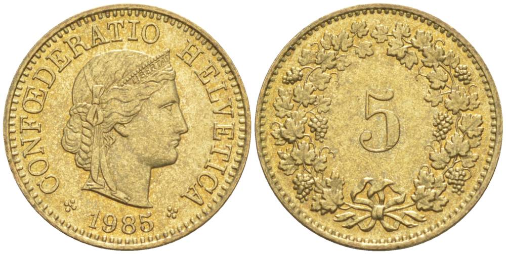 ШВЕЙЦАРИЯ 5 РАППЕНОВ 1985 KM 26с алюминий латунь 105-1123