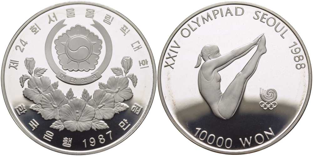 Южная Корея 10000 вон 1987 XXIV Летние Олимпийские игры в Сеуле 1988 года, прыжки в воду KM 57 серебро PROOF 00-00