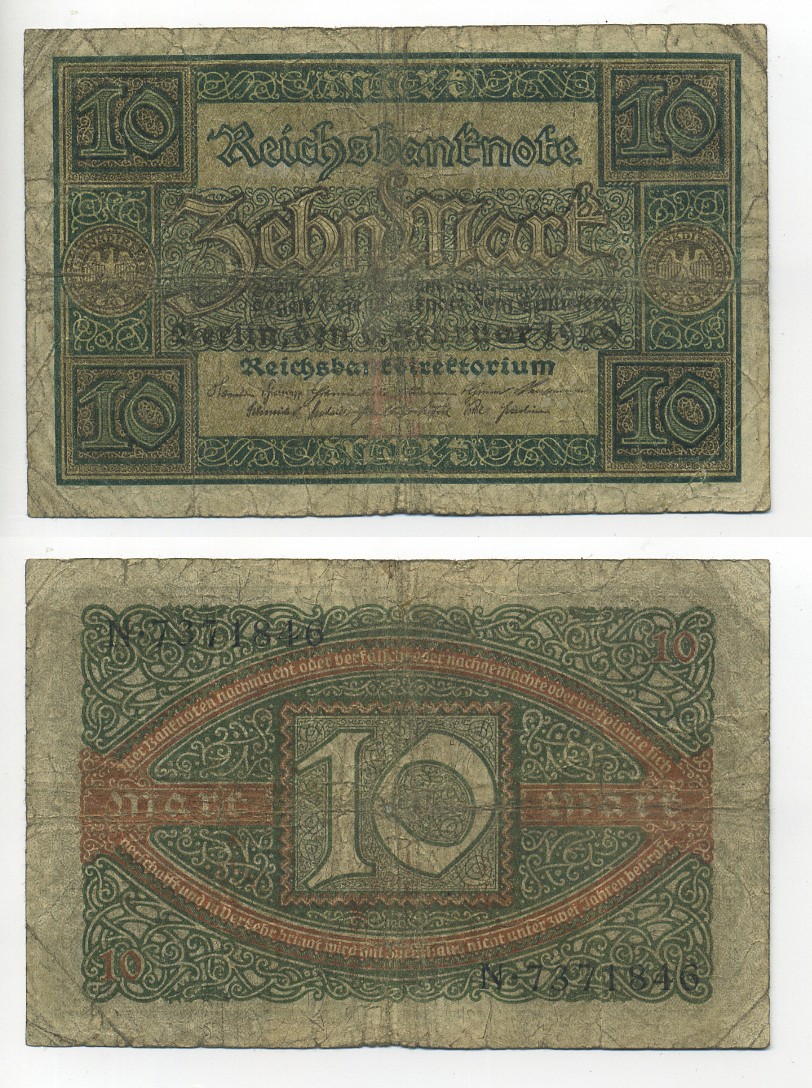 ГЕРМАНИЯ 10 МАРОК 1920 6 ФЕВРАЛЯ 1920, БУКВА E, СЕРИЯ N, СЕМЬ ЦИФР В НОМЕРЕ СЕРИИ Pick 67a, Rosenberg 63а бумага 7217-32-1