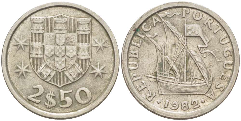 ПОРТУГАЛИЯ 2,5 ЭСКУДО 1982 ПАРУСНИК KM 590 медно-никель 4519-815