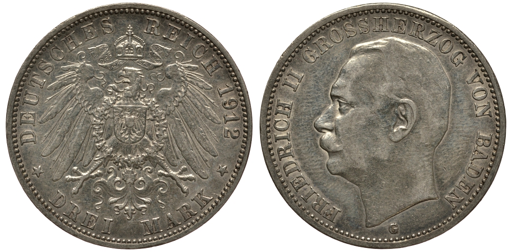 Баден 3 марки 1912 Фридрих II (1907-1918) J. 39, KM 280 серебро    3711-1721