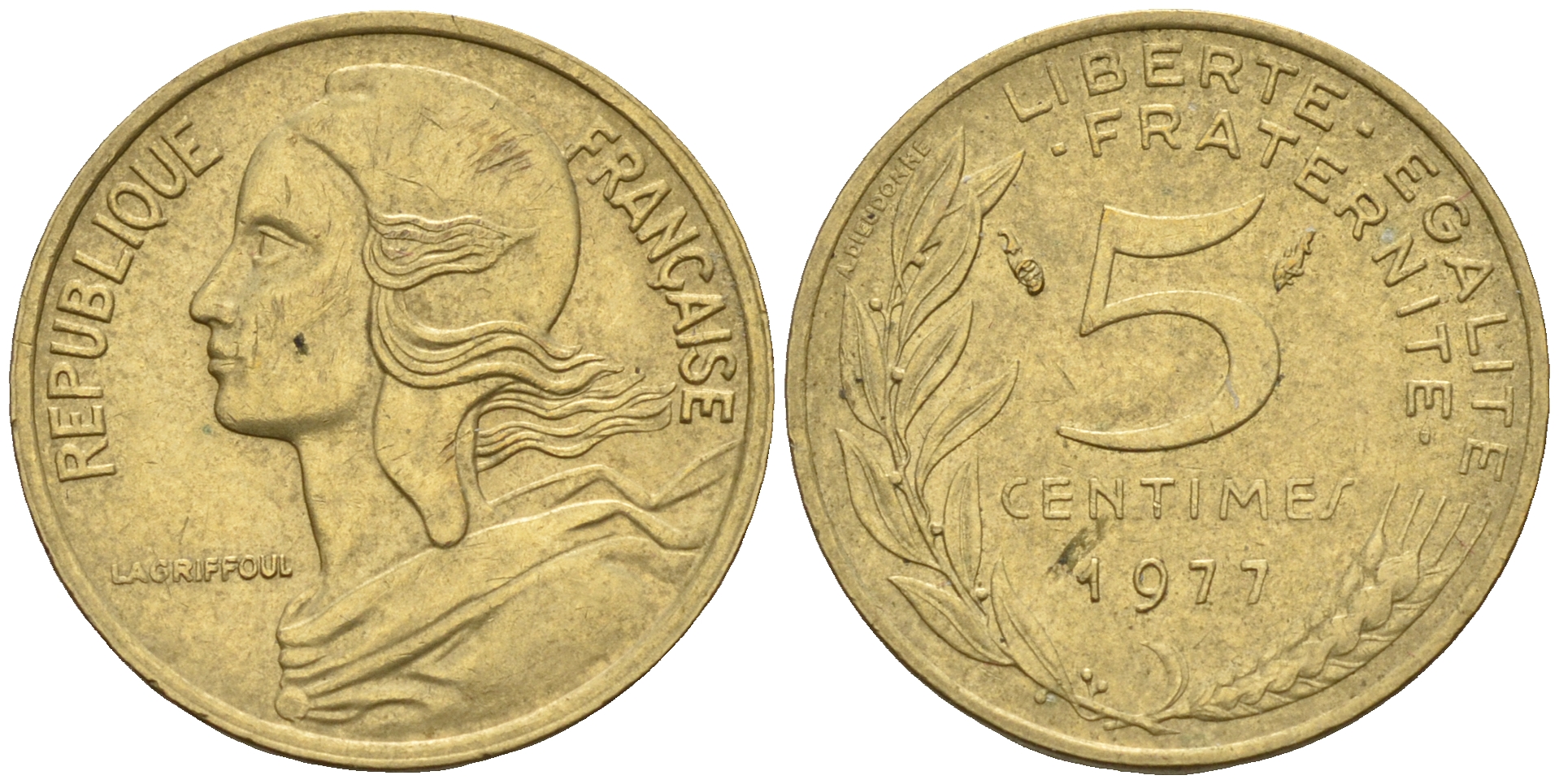 Франция 5 сантимов 1977 тип Марианна KM 933 медь алюминий никель    4152-1227