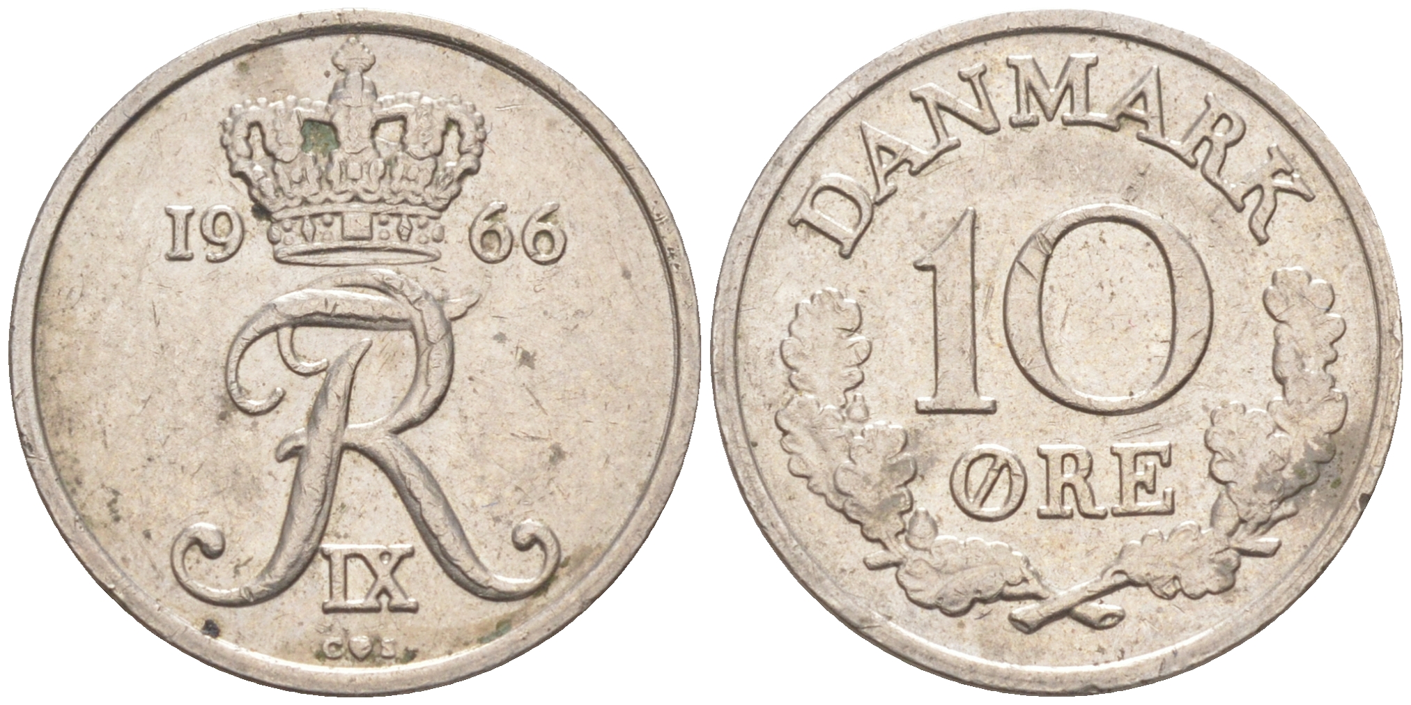 Дания 10 эре 1966 С; S, Фредерик IX (1947-1972) KM 849.1 медно-никель 105-466