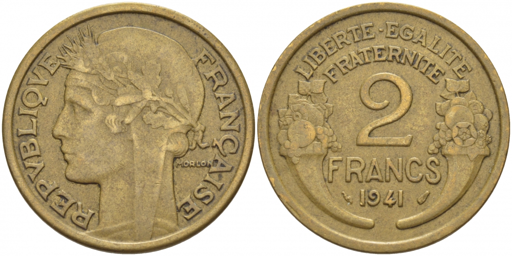 ФРАНЦИЯ 2 ФРАНКА 1941 KM 886 алюминиевая бронза 4403-141