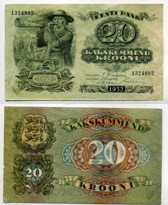 Эстония 20 крон 1932 пастух Pick 64 a бумага 7375-35-2-2