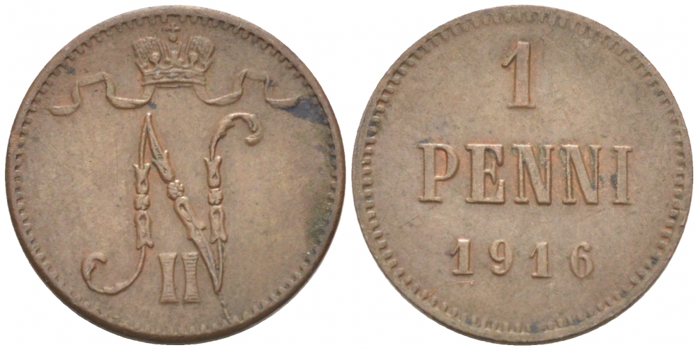 РОССИЯ ДЛЯ ФИНЛЯНДИИ 1 ПЕННИ 1916 НИКОЛАЙ II (1895-1917) KM 13, Биткин 476 медь 211-1019