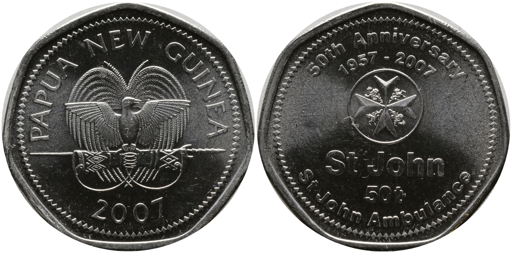 Папуа-Новая Гвинея 50 тойя 2007 50 лет скорой помощи Святого Иоанна KM 53 никелированная сталь UNC M46-02