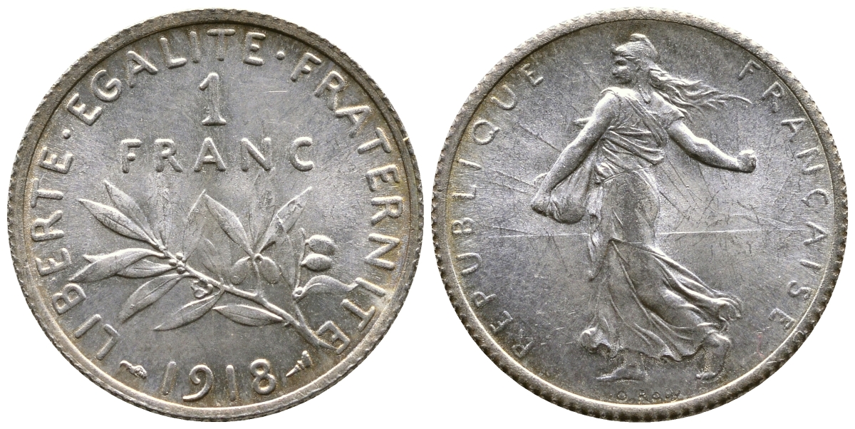 Франция 1 франк 1918 сеятель KM 844.1, Le Franc 217.24 серебро UNC 259-655