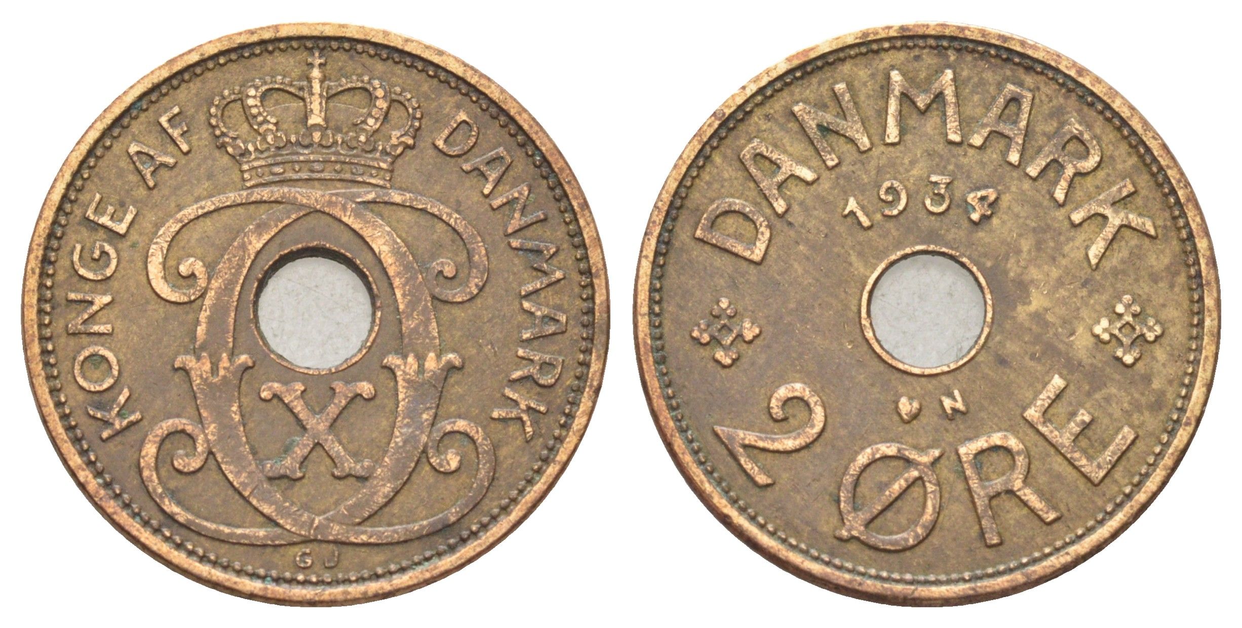 Дания 2 эре 1934 N, Кристиан X (1912-1947) KM 827 бронза 4701-815