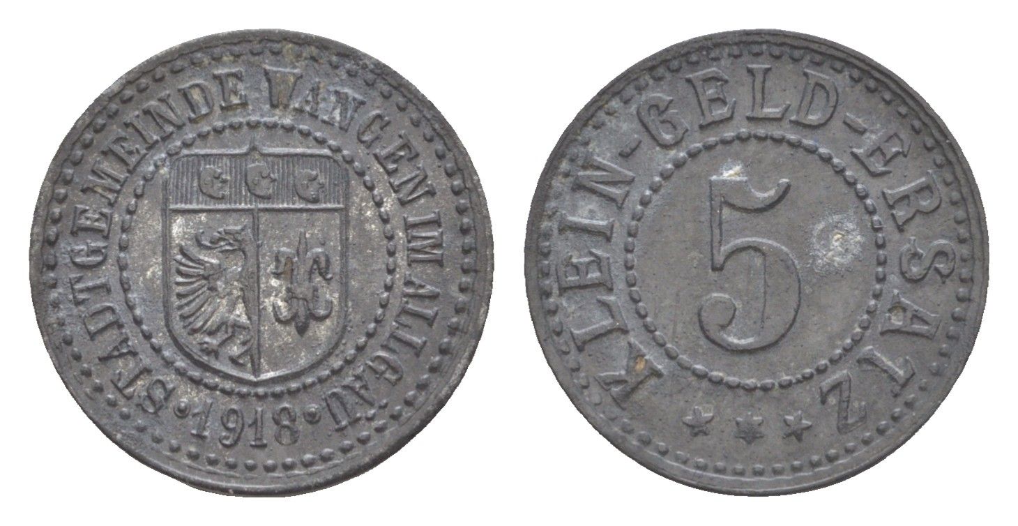 Ванген-им-Алльгой 5 пфеннигов 1918 Funck 572.4, Men05 26036.5, Men18 32755.5 цинк 1528-921