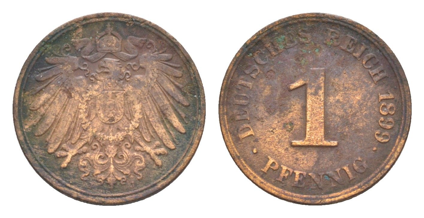 Германия 1 пфенниг 1899 J, Вильгельм II (1888-1918) KM 10, J. 10 медь 4639-1118