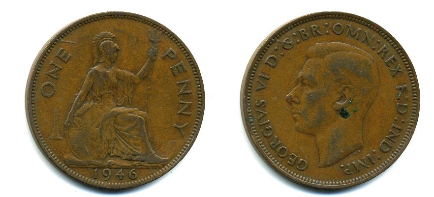 Великобритания 1 пенни 1946 Георг VI (1936-1952) KM 845, Spink 4114 бронза 37-1146