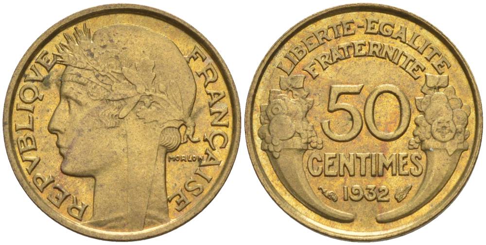 ФРАНЦИЯ 50 САНТИМОВ 1932 ТИП MORLON, OPEN 9, С ЯГОДОЙ KM 894.1, LE FRANC 192.7 алюминиевая бронза 44-711