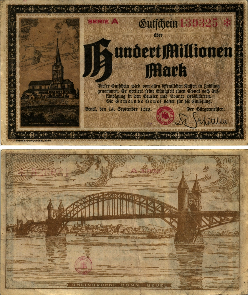 БОНН 100000000 МАРОК 1923 15 СЕНТЯБРЯ 1923, НОТГЕЛЬД, МОСТ ЧЕРЕЗ РЕЙН, СЕРИЯ А бумага 8518-38-2-2