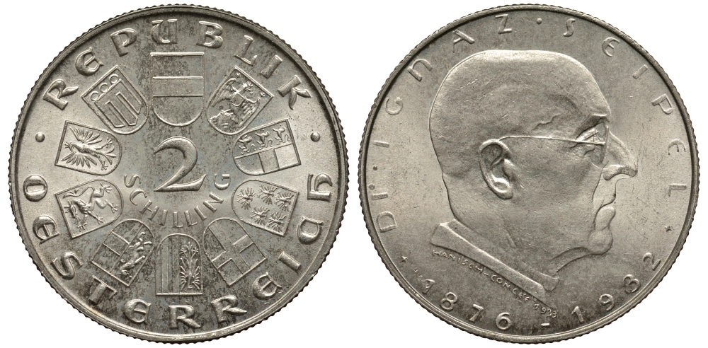 Австрия 2 шиллинга 1933 на смерть канцлера Игнаца Зейпеля KM 2849 серебро 413-2012