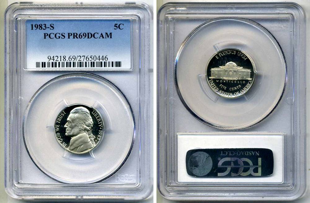 США 5 центов 1983 S, президент Джеферсон, в слабе PCGS PR69CAM KM А192 медно-никель PROOF 15-003-05